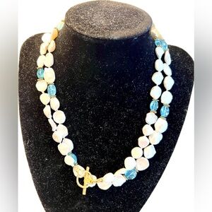 Jaded Jewels NYC Freshwater Pearl and Blue Topaz or Aquamarine Long Necklace 34”